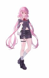  1girl absurdres alternate_costume bag breasts commentary criss-cross_strings evernight_(honkai:_star_rail) full_body hair_between_eyes hair_ornament hairclip hashtag-only_commentary highres honkai:_star_rail honkai_(series) long_hair march_7th_(honkai:_star_rail) medium_breasts navel off_shoulder pink_hair red_eyes shoes skirt symbol-only_commentary thigh_strap thighs very_long_hair white_background zante_(0xx0xzt) 