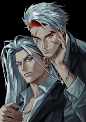  2boys alternate_hair_color arm_around_shoulder arm_up black_background black_jacket bracelet closed_mouth collared_shirt colored_inner_hair commentary earrings forked_eyebrows formal_clothes grey_eyes hair_down hand_on_another&#039;s_face hashtag-only_commentary highres jacket jamie_siu jewelry lapels lips long_sleeves luke_sullivan male_focus multicolored_hair multiple_boys necklace nonnon9977 open_clothes open_jacket open_shirt orange_eyes orange_hair piercing scar scar_across_eye scar_on_cheek scar_on_face shirt simple_background sleeve_cuffs street_fighter street_fighter_6 stud_earrings suit_jacket two-tone_hair white_hair white_shirt wing_collar 