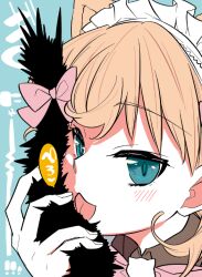  2girls blue_background blue_eyes blush bow bowtie cat_brooch colored_speech_bubble commentary_request grabbing_another&#039;s_tail hinoshita_kaho licking_another&#039;s_tail link!_like!_love_live! looking_at_viewer love_live! maid maid_headdress medium_hair momose_ginko multiple_girls nyan_nyan_nyan_fair_in_gamers official_alternate_costume orange_hair pink_bow pink_bowtie portrait slit_pupils solo_focus speech_bubble tail tail_bow tail_focus tail_ornament tongue tongue_out virtual_youtuber yukiri_takashi yuri 