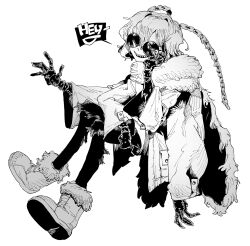  1girl adjusting_eyewear arm_on_knee arthropod_girl arthropod_limbs boots braid cape coat english_text extra_arms floating full_body fur_boots fur_cape fur_coat fur_footwear greyscale half-closed_eyes hatching_(texture) hb_091 highres jaggy_lines knees_up long_hair long_sleeves looking_at_viewer looking_to_the_side monochrome moth_girl one_eye_covered open_mouth original partially_opaque_sunglasses round_eyewear sharp_teeth simple_background sitting sketch smile smug solo speech_bubble sunglasses teeth twin_braids upper_teeth_only waving wavy_hair white_background white_coat wide_sleeves 