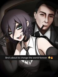  1boy 1girl absurdres black_choker black_gloves black_hair black_ribbon breasts caption chainsaw_man choker closed_mouth collared_shirt commentary crossover double-parted_bangs elbow_gloves english_commentary english_text gloves green_eyes hair_between_eyes half-closed_eyes hand_up highres julius_robert_oppenheimer long_hair_between_eyes looking_at_viewer mikuneki mouth_hold narrowed_eyes neck_ribbon nose open_mouth oppenheimer_(movie) pipe_in_mouth reze_(chainsaw_man) ribbon selfie shirt short_hair sleeveless sleeveless_shirt smile smoking_pipe upper_body white_shirt 