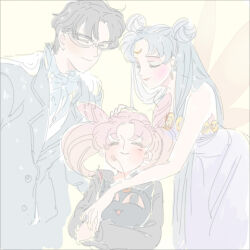  1boy 2girls ^_^ bare_shoulders bishoujo_senshi_sailor_moon black_hair blue_hair blush chiba_mamoru chibi_usa closed_eyes commentary_request double_bun dress earrings eye_mask family hair_bun jewelry mask masso multiple_girls pink_hair sailor_moon smile tsukino_usagi tuxedo_kamen twintails 