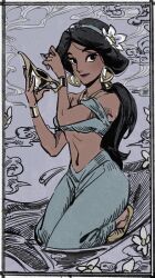  1girl aladdin_(movie) arabian_clothes bare_shoulders black_hair breasts brown_eyes dark-skinned_female dark_skin earrings highres jasmine_(disney) jewelry long_hair looking_at_viewer masso multi-tied_hair oil_lamp princess smile solo very_long_hair 