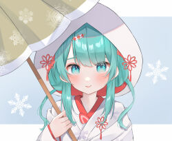  1girl aqua_eyes aqua_hair blush closed_mouth commentary_request full_body hand_up hatsune_miku highres holding holding_umbrella hood hood_up japanese_clothes kimono leaf long_hair long_sleeves looking_at_viewer mokoinu_(pixiv_27216243) official_alternate_costume official_alternate_hairstyle oil-paper_umbrella shiromuku smile solo tabi uchikake umbrella vocaloid white_kimono wide_sleeves yuki_miku yuki_miku_(2013) 