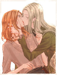  2girls artist_name_(singer) blonde_hair brown_hair closed_eyes cosmetics earrings glasses hand_on_another&#039;s_face hatanaka_yuhi_(hazuki_ruri) hazuki_ruri highres holding holding_lipstick_tube jewelry kiss lipstick_tube looking_at_another multiple_girls original takatsuka_kurumi_(hazuki_ruri) watch watch yuri 