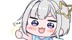  1girl :d ^^^ amane_kanata blue_hair blue_shirt blue_wings blush_stickers chibi grey_hair highres hololive mochimiko multicolored_hair outstretched_arm shirt short_sleeves simple_background single_hair_intake smile solo thumbs_up translation_request two-tone_hair upper_body violet_eyes virtual_youtuber white_background white_wings wings 