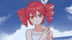  1girl alternate_costume bare_shoulders closed_mouth commentary day drill_hair hair_ribbon highres kasane_teto kasane_teto_(sv) kono_mori looking_at_viewer nail_polish outdoors own_hands_together red_eyes red_hair red_nails ribbon smile solo synthesizer_v twin_drills utau 