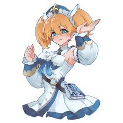  1girl barbara_(genshin_impact) barbara_(genshin_impact)_(cosplay) blonde_hair blue_eyes breasts bubbles_(ppg) cosplay debodraw detached_sleeves dress genshin_impact long_hair long_sleeves non-web_source powerpuff_girls smile solo twintails white_dress white_sleeves 