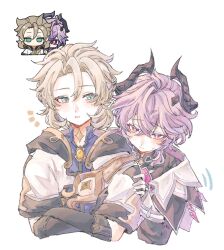  2boys albedo_(genshin_impact) black_gloves blonde_hair blue_eyes blush braid closed_mouth commentary crossed_bangs csye003 curtained_hair diamond_(shape) dragon_boy dragon_horns elbow_gloves gem genshin_impact gloves hair_between_eyes half_up_half_down_braid high_collar highres hood horns long_sleeves looking_at_viewer male_focus medium_hair mini_durin_(genshin_impact) mini_durin_(human)_(genshin_impact) multiple_boys open_mouth purple_hair reference_inset short_sleeves simple_background upper_body violet_eyes vision_(genshin_impact) white_background 