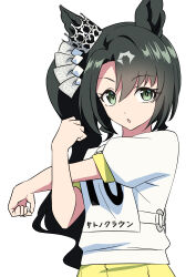  1girl absurdres animal_ears baasaku_(balasaku24) black_hair breasts cross-body_stretch ear_ornament ear_through_crown green_eyes green_hair hair_between_eyes highres horse_ears horse_girl long_hair looking_at_viewer multicolored_hair open_mouth race_bib satono_crown_(umamusume) shirt short_sleeves shorts side_ponytail simple_background solo streaked_hair stretching umamusume upper_body white_background white_shirt yellow_shorts 