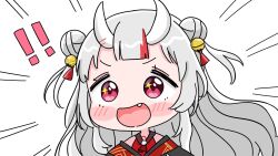  ! !! 1girl :d bell blush_stickers chibi commentary_request double_bun emphasis_lines fang grey_hair hair_bell hair_bun hair_ornament highres hololive horns jingle_bell long_hair looking_at_viewer mochimiko multicolored_hair nakiri_ayame nakiri_ayame_(1st_costume) oni red_eyes red_hair simple_background smile solo sparkle streaked_hair two_side_up upper_body v-shaped_eyebrows very_long_hair virtual_youtuber white_background 
