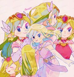  1girl adversarial_noise artist_name bags_under_eyes blonde_hair closed_eyes commentary_request dress elbow_gloves gem gloves highres long_hair looking_at_viewer multiple_views open_mouth pink_dress princess princess_zelda red_gemstone smile the_legend_of_zelda the_legend_of_zelda:_the_wind_waker tokuura toon_zelda twitter_username watermark watermark_grid white_gloves 
