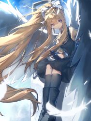  1girl air_(visual_novel) bare_arms bird_wings black_dress black_socks blonde_hair blue_eyes blue_sky bow chinese_commentary circon clouds collared_shirt commentary_request day dress expressionless eyelashes eyes_visible_through_hair feathered_wings feathers feet_out_of_frame floating_clothes floating_hair hair_between_eyes hair_bow hair_intakes high_ponytail highres holding holding_stuffed_toy kamio_misuzu kneehighs knees long_hair long_sidelocks medium_dress necktie on_roof outdoors parted_lips pinafore_dress pleated_dress ponytail puffy_short_sleeves puffy_sleeves red_necktie school_uniform shirt short_sleeves sidelocks sitting sky sleeveless sleeveless_dress socks solo spread_wings stuffed_animal stuffed_rabbit stuffed_toy tareme very_long_hair white_bow white_shirt white_wings wind wings 