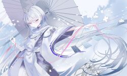  1-gou_(111touban) 1girl :o blue_sky blush cowboy_shot grey_hair half-closed_eyes hand_up highres holding holding_umbrella japanese_clothes kariginu kuon_(shadowverse) long_hair long_sleeves looking_at_viewer oil-paper_umbrella outdoors paper_doll shadowverse sky solo tiara umbrella very_long_hair violet_eyes white_sleeves wide_sleeves 