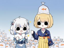  2girls :d ahoge bag bagged_fish bloop_(gawr_gura) blue_background blue_hair blue_kimono chibi commentary fish floral_print fong_(fongthe0125) gawr_gura gawr_gura_(new_year) goldfish gradient_background grey_hair hakama hakama_skirt hashtag-only_commentary highres holding holding_bag hololive hololive_english japanese_clothes kimono long_sleeves multicolored_hair multiple_girls obi plastic_bag print_kimono sash short_eyebrows skirt smile sparkle streaked_hair symbol-only_commentary thick_eyebrows virtual_youtuber water watson_amelia watson_amelia_(new_year) wide_sleeves yellow_hakama 