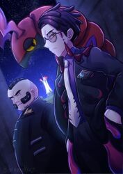  2boys antennae black-framed_eyewear black_hair black_jacket black_pants black_suit bug centipede closed_mouth collared_shirt colored_sclera corbeau_(pokemon) eyewear_strap facial_hair frown glasses hands_in_pockets highres jacket long_sleeves looking_at_viewer lumiose_city mohawk multiple_boys mutton_chops necktie night night_sky okiinae open_clothes open_jacket pants philippe_(pokemon) pokemon pokemon_(creature) pokemon_legends:_z-a prism_tower purple_hair purple_shirt round_eyewear scolipede shirt short_hair short_sideburns sky suit undercut white_necktie yellow_eyes yellow_sclera 