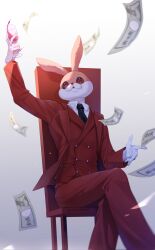  1boy alcohol animal_ears arm_up banknote black_necktie chair character_request commentary copyright_request cowboy_shot cup drinking_glass fake_animal_ears falling_money highres holding holding_cup jacket long_sleeves male_focus mask money mooshiki necktie on_chair pants rabbit_ears rabbit_head rabbit_mask red_jacket red_pants red_suit red_vest sitting solo suit vest wine wine_glass 