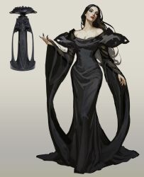  1girl bare_shoulders black_dress black_hair black_nails closed_mouth commentary dress english_commentary eyelashes eyeshadow full_body highres long_dress long_hair long_sleeves looking_to_the_side makeup mascara morticia_addams red_lips signature simple_background solo tasiams the_addams_family vase very_long_fingernails 