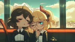  2girls ;) absurdres aged_down black_hair blonde_hair blue_eyes blue_sky blunt_bangs borrowed_character closed_eyes clouds commentary day drooling english_commentary executioner_maid_(apprentice)_(centurii-chan) finger_to_mouth flareze_(porforever) glasses hair_ribbon highres horns indoors light_blush long_sleeves looking_at_viewer maid maid_headdress multiple_girls one_eye_closed open_mouth original porforever red_ribbon reflection ribbon short_hair shushing sky sleeping smile two_side_up window 