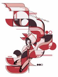  1girl absurdres arm_up black_shoes bow brown_hair full_body gohei hair_bow hakurei_reimu harano_kaguyama highres holding holding_gohei long_sleeves looking_at_viewer red_bow ribbon-trimmed_sleeves ribbon_trim shoes solo touhou 