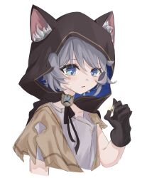  1girl ame_pokke animal_ear_fluff animal_ears blue_eyes bruise bruise_on_face cape cat_ears cat_girl child cipher_(honkai:_star_rail) cipher_(in_pursuit_of_the_wind)_(honkai:_star_rail) cloak coin commentary gloves grey_hair highres holding holding_coin honkai:_star_rail honkai_(series) injury short_hair torn_cape torn_clothes white_background 