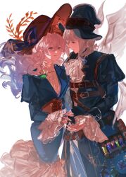  1boy 1girl absurdres alternate_costume blue_eyes commission fate/grand_order fate_(series) grey_hair hair_between_eyes hair_ornament hat highres long_hair morgan_le_fay_(fate) oberon_(exhibition_attire)_(fate) oberon_(fate) second-party_source short_hair simple_background smile very_long_hair white_background white_hair 