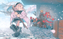  3boys 3girls ahoge aircraft airship akami_karubi animal_ears apron armor black_dress black_headdress black_jacket black_shoes black_socks blonde_hair blue_eyes blue_ribbon blue_sky blush bobby_socks boots brown_boots brown_gloves carrying cat_ears cat_girl cat_tail closed_eyes closed_mouth clouds cobblestone commentary_request crate crazy_raccoon day debitto_(makaino_ririmu) deformed dress ex_albio ex_albio_(1st_costume) falling_petals fangs fangs_out fishnet_socks fishnets frilled_apron frills gloves hair_ribbon heart heart_o-ring highres hiiragi_tsurugi hoe holding_hoe hood hood_up hottakarashi jacket kokujin leg_tattoo long_sleeves looking_back loose_socks maid_headdress makaino_ririmu makaino_ririmu_(5th_costume) multiple_boys multiple_girls nekota_tsuna nekota_tsuna_(1st_costume) neo-porte nijisanji o-ring o-ring_thigh_strap off_shoulder open_clothes open_jacket pauldrons petals pink_eyes pink_hair pink_jacket pink_petals platform_shoes pleated_dress pointy_ears puffy_short_sleeves puffy_sleeves red_dress red_gloves red_tail reject_(esports) ribbon shoe_soles shoes short_dress short_hair short_sleeves shoulder_armor sitting sky smile socks stuffed_toy sword tail tattoo thigh_strap tree turning_head twintails very_short_hair vspo! waist_apron walking weapon white_apron white_socks 