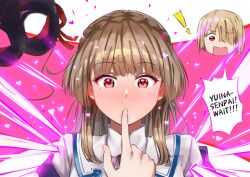  ! !! 2girls absurdres black_mask blonde_hair blunt_bangs blush braid brown_hair chibi chibi_inset covered_mouth crown_braid english_text finger_to_another&#039;s_mouth finger_to_mouth full-face_blush hair_over_one_eye heart heart-shaped_pupils heaven_burns_red highres index_finger_raised kayamori_ruka kiryuu_miya long_hair looking_at_viewer mask medium_hair mole mole_under_eye multiple_girls neck_ribbon nose_blush one_eye_covered open_mouth pink_background pink_ribbon purple_ribbon raito_taisha red_eyes red_ribbon ribbon school_uniform shirakawa_yuina shirt short_hair shushing sidelocks solo_focus speech_bubble spoken_exclamation_mark surprised symbol-shaped_pupils upper_body white_background white_shirt wide-eyed yuri 