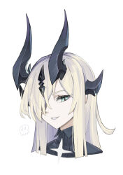  1girl arknights black_horns commentary cropped_shoulders green_eyes grey_hair hair_over_one_eye highres horns long_hair looking_at_viewer necrass_(arknights) one_eye_covered simple_background smile solo uusquid white_background 
