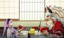  1boy 1girl akabeko alternate_costume asterios_(fate) asterios_(over_the_same_sky)_(fate) black_skirt calligraphy_brush commentary_request english_text euryale_(fate) fate/grand_order fate_(series) floral_print floral_print_kimono holding holding_calligraphy_brush holding_paintbrush horns indoors japanese_clothes jest_ht90 kimono long_hair paintbrush painting_(action) print_kimono red_eyes red_kimono shouji skirt sliding_doors tatami twintails very_long_hair watermark white_hair white_kimono 