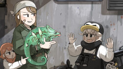  1boy 2girls absurdres bandaid bandaid_on_face binoculars bird black_overalls black_scarf brown_hair chameleon crocodile_keeper_(diva) diva_(hyxpk) donut_stamp duck english_commentary green_jacket grey_hair grin hat highres jacket king_penguin lion_shirt_boy_(diva) long_hair multiple_girls nervous_sweating overalls penguin penguin_hat penguin_keeper_(diva) red_hair scarf sharp_teeth shirt short_hair sign sign_around_neck smile sweat teeth trash_bag white_shirt zoo zookeeper zookeepers_(diva) 