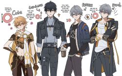  4boys absurdres aether_(genshin_impact) ahoge arm_armor arm_ribbon armor arrow_(symbol) baggy_pants belt black_belt black_coat black_gloves black_hair black_jacket black_pants black_shirt blonde_hair blue_eyes blue_jacket braid brown_gloves brown_pants brown_shirt buttons caelus_(honkai:_star_rail) closed_mouth clothes_writing coat collarbone collared_jacket company_connection cowboy_shot crossed_arms crossed_bangs crossover cup disposable_coffee_cup disposable_cup earrings english_commentary english_text fingerless_gloves flower genshin_impact gloves gold_trim grey_belt grey_hair grey_shirt hair_between_eyes hair_ornament hair_ribbon hand_in_pocket hand_on_own_hip highres holding holding_cup honkai:_star_rail honkai_(series) hood hooded_coat jacket jewelry lapels layered_sleeves long_hair long_sleeves looking_at_viewer low-braided_long_hair low-tied_long_hair male_focus male_rover_(wuthering_waves) mandarin_collar midriff mihoyo multiple_boys navel necklace open_clothes open_coat open_jacket pants pink_flower pnk_crow pocket ribbon rover_(wuthering_waves) scarf shirt short_over_long_sleeves short_sleeves shoulder_armor simple_background single_braid single_earring smile sparkle speech_bubble standing star_(symbol) t-shirt tassel teeth thigh_strap thumbs_up trailblazer_(honkai:_star_rail) two-sided_coat two-sided_fabric white_background white_ribbon white_scarf white_shirt wise_(zenless_zone_zero) wuthering_waves yellow_coat yellow_eyes zenless_zone_zero 