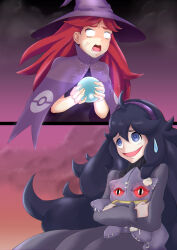  2girls absurdres banette black_dress blank_eyes commentary crystal_ball dress english_commentary fingernails hairband hat hex_maniac_(pokemon) hex_maniac_(pokemon_rse) hex_maniac_(pokemon_xy) highres holding holding_toy kasey_n._moore meme multiple_girls open_mouth pokemon pokemon_rse pokemon_xy purple_hair red_hair smile stuffed_animal stuffed_toy sweatdrop textless_version toy veins witch_hat 