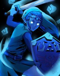  1girl artist_name belt blue_theme chaendeulleo circlet closed_mouth commentary cowboy_shot glowing glowing_eyes hat highres holding holding_shield holding_sword holding_weapon hylian_shield long_sleeves pointy_ears princess_zelda shield solo sword the_legend_of_zelda the_legend_of_zelda:_echoes_of_wisdom tunic weapon 