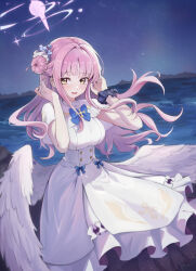  1girl absurdres angel_wings blue_archive blue_bow blue_scrunchie blush bow breasts capelet chinese_commentary cross dress feathered_wings flower hair_bun hair_flower hair_ornament hair_ribbon halo highres large_breasts long_hair looking_at_viewer low_wings mika_(blue_archive) night night_sky open_mouth outdoors pink_hair pink_halo purple_flower ribbon scrunchie shubun_(user_gxsx8757) single_side_bun sky smile solo star_(sky) starry_sky starry_sky_print water white_capelet white_dress white_ribbon white_wings wings wrist_scrunchie yellow_eyes 
