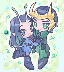  1boy 1girl :d alien animification antennae black_boots black_eyes black_gloves black_hair black_shoes blue_bodysuit bodysuit boots cherriimi chibi commentary couple english_commentary fake_horns fur-trimmed_jacket fur_trim gloves gradient_hair green_background green_eyes green_hair green_jacket green_pants green_suit grin guardians_of_the_galaxy guardians_of_the_galaxy_vol._3 hair_slicked_back hetero holding_hands horned_headwear horns jacket leg_up loki_(marvel) loki_(presidential_attire)_(marvel) long_hair looking_at_viewer looking_back mantis_(marvel) marvel marvel_rivals multicolored_hair official_alternate_costume open_mouth pants pointy_ears shoes short_hair smile suit thor_(marvel)_(series) 