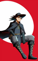  1boy ash_ketchum black_boots black_cape black_gloves black_hair black_tunic boots cape closed_mouth commentary commission cosplay gloves grey_pants grey_shirt hat highres invisible_chair jcstr male_focus orange_eyes pants pokemon pokemon:_lucario_and_the_mystery_of_mew pokemon_(anime) pokemon_rse_(anime) shirt sir_aaron sir_aaron_(cosplay) sitting tunic 