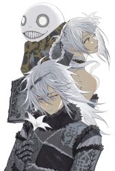  1boy 1girl absurdres armored_gloves bandaged_neck bandages bare_shoulders blue_negligee blunt_bangs braid braided_hair_rings breasts brown_eyes emil_(nier) flower fur-trimmed_jacket fur_trim grey_eyes grey_hair grey_jacket grin hair_between_eyes hair_bun hair_rings highres holding holding_flower jacket kaine_(nier) long_hair medium_breasts mole mole_under_eye nier nier_(brother) nier_(brother)_(post_timeskip) nier_(series) parted_lips revealing_clothes shuaitofu single_side_bun smile teeth upper_body white_background white_eyes white_flower 