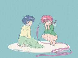  athletic_leotard blue_hair bob_cut braid braided_ponytail brown_eyes green_leotard leotard long_skirt moroi_(moroiohs) pastel_colors pink_eyes pink_hair ranma-chan ranma_1/2 ribbon ribbon_baton simple_background skirt squatting sweater tendou_akane 