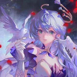  1girl angel_wings animal bare_shoulders bead_bracelet beads bird bird_on_hand bracelet collar collarbone detached_collar detached_sleeves dress eyelashes feathered_wings gloves green_eyes grey_hair hair_between_eyes hair_intakes halo happy head_wings hei_yu hexagram highres honkai:_star_rail honkai_(series) jewelry lace-trimmed_gloves lace_trim lips long_hair looking_at_animal loose_hair_strand musical_staff night night_sky open_mouth petals purple_collar purple_dress purple_sleeves ringlets robin_(honkai:_star_rail) rose_petals short_sleeves sky smile solo star_(sky) starry_sky strapless strapless_dress swept_bangs two-tone_dress upper_body very_long_hair white_bird white_dress white_gloves white_wings wings yellow_halo 