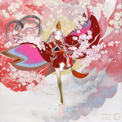  1girl absurdly_long_hair absurdres artist_logo artist_name bare_legs belt cherry_blossoms colored_skin commentary_request crop_top eyelashes grey_hair hakama hakama_shorts hat highres japanese_clothes kimono logo long_hair original pink_pupils red_kimono rope shiguretau shorts sidelocks solo standing standing_on_one_leg tate_eboshi thick_thighs thighs traditional_media twintails twitter_username very_long_hair wide_sleeves 