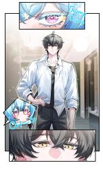  1boy 1girl absurdres belt black_hair black_necktie black_pants blue_hair blush brown_belt chibi chibi_inset closed_mouth collarbone colored_eyelashes commentary hair_between_eyes hand_on_own_hip highres indoors male_rover_(wuthering_waves) necktie official_alternate_costume pants revision rover_(wuthering_waves) shirt shirt_partially_tucked_in shorekeeper_(wuthering_waves) short_hair smile tu_thanh violet_eyes white_shirt wuthering_waves yellow_eyes 