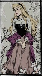  1girl aurora_(disney) blonde_hair dress flower hairband highres long_hair long_sleeves looking_at_viewer makeup masso red_lips skirt sleeping_beauty_(disney) solo tagme 