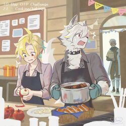  3boys animal_ears apple apron artist_logo beard black_apron blonde_hair blue_mittens box buon_zzz closed_eyes closed_mouth collar cooking_pot curry english_commentary facial_hair food fruit furry furry_male gift gift_box grey_hair grey_shirt heterochromia highres holding holding_cooking_pot hugo_vlad jack_(zenless_zone_zero) logo male_focus mittens multiple_boys open_mouth oven_mitts peeling red_eyes shirt spiked_collar spikes streamers surprised tail von_lycaon von_lycaon_(young) wolf_boy wolf_ears wolf_tail zenless_zone_zero 