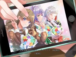  3girls :d ^_^ aqua_neckerchief black_choker black_gloves blue_flower blue_rose bouquet brown_dress cellphone choker closed_eyes closed_mouth collarbone colored_inner_hair commentary_request dress flower fujishima_megumi gloves green_eyes green_flower green_rose grey_hair grin hair_bun hair_flower hair_ornament half_gloves hasu_no_daisankaku hasu_no_sora_school_uniform highres holding holding_bouquet iphone link!_like!_love_live! long_hair long_sleeves looking_at_viewer love_live! multicolored_hair multiple_girls neckerchief o-ring o-ring_choker open_mouth orange_flower orange_rose otomune_kozue phone pink_flower pink_rose purple_flower purple_hair purple_rose red_flower red_hair red_rose red_streaks rose sailor_collar sailor_dress sakari_(pear_8_ll) school_uniform short_hair side_ponytail single_side_bun smartphone smile streaked_hair subtitled translation_request two_side_up v viewer_holding_phone violet_eyes virtual_graduation_commemoration virtual_youtuber white_flower white_rose white_sailor_collar winter_uniform yellow_flower yellow_rose yugiri_tsuzuri 