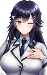  1girl absurdres black_hair breasts hair_between_eyes hair_ornament hairclip highres kage_no_jitsuryokusha_ni_naritakute! long_hair looking_at_viewer nagisilon nishino_akane one_eye_closed red_eyes school_uniform simple_background smile solo white_background 