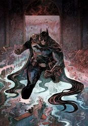  1boy batman batman_(series) batman_symbol belt black_cape black_gloves bodysuit brick_wall bruce_wayne cape closed_mouth commission cowl dc_comics dynamic_pose gloves grate grey_bodysuit highres industrial looking_at_viewer male_focus mask multicolored_bodysuit muscular muscular_male sewer sewer_grate solo solo_focus storm_drain superhero_costume trash tunnel two-tone_bodysuit underground utility_belt vinartwork walking_towards_viewer water western_comics_(style) 