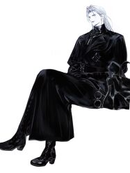  1boy black_bag black_boots black_coat black_gloves black_sweater boots coat commentary crossed_legs dissidia_duellum_final_fantasy dissidia_final_fantasy earrings final_fantasy final_fantasy_vii full_body gloves grey_hair hair_slicked_back hayashishisou highres jewelry long_coat long_hair male_focus necklace official_alternate_costume parted_bangs sephiroth sitting solo sweater symbol-only_commentary turtleneck turtleneck_sweater white_background 