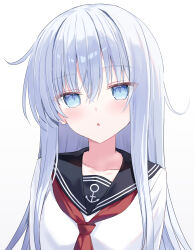  1girl anchor_symbol black_sailor_collar blue_eyes blush collarbone hibiki_(kancolle) highres kantai_collection long_hair long_sidelocks looking_at_viewer neckerchief open_mouth red_neckerchief sailor_collar shikuro_(iorimiyakiyo) shirt sidelocks simple_background solo upper_body white_background white_hair white_shirt 
