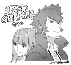  1boy 1girl 2025 closed_mouth copyright_name facial_hair greyscale kozaki_yuusuke long_hair looking_at_viewer monochrome saiga_tatsumi signature simple_background smile speed_grapher spiky_hair stubble tennouzu_kagura white_background 